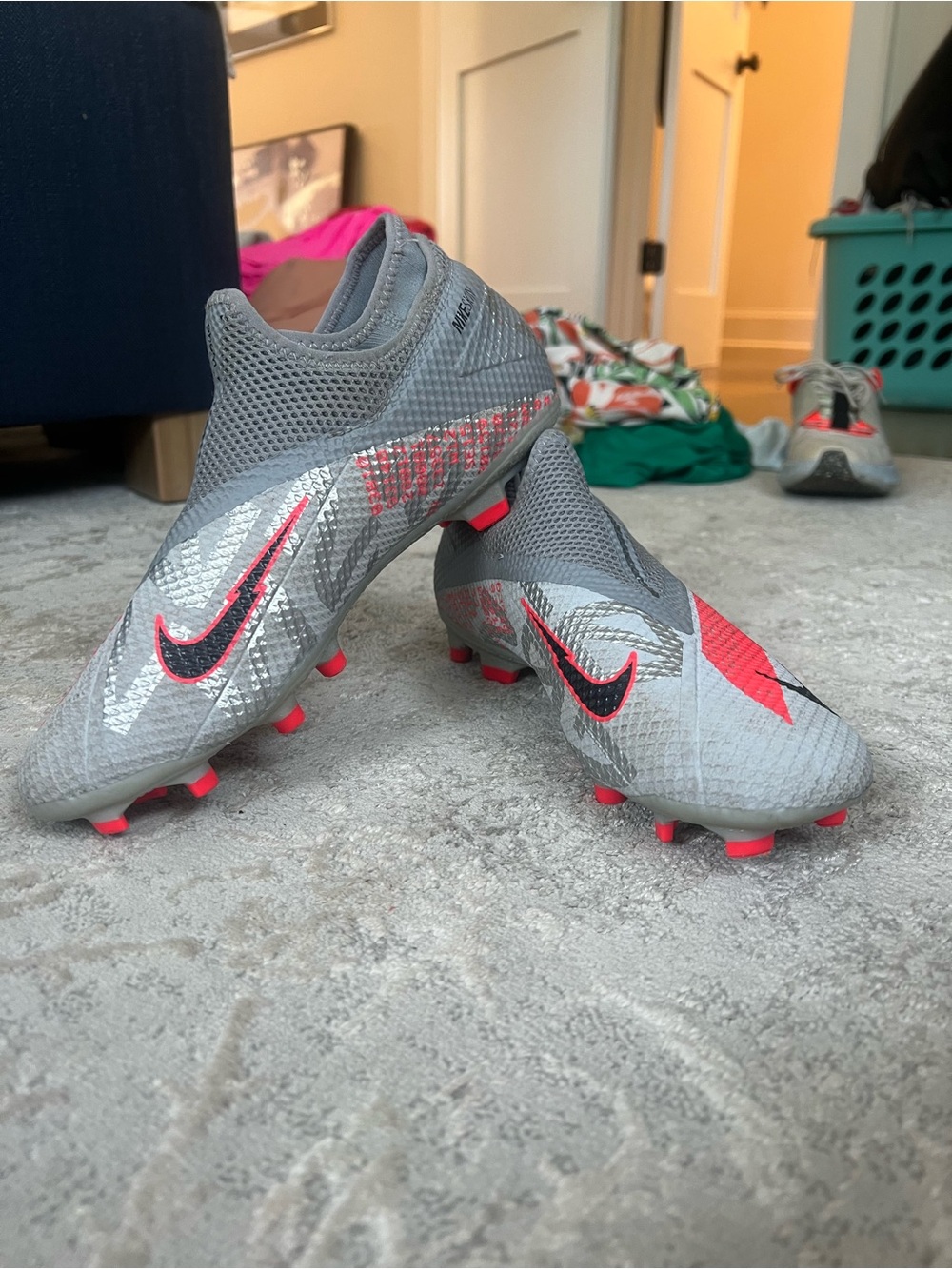 Nike Phantom Grey Soccer Cleats with Red Accents